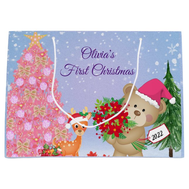 Grand Sac Cadeau Premier ours de Noël du bébé personnalisé (Devant)
