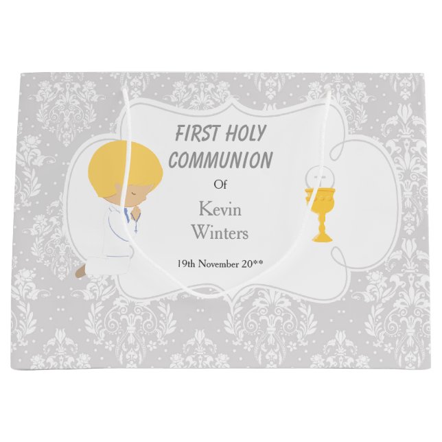 Grand Sac Cadeau Première Communion Blonde Boy Argent Damask (Devant)