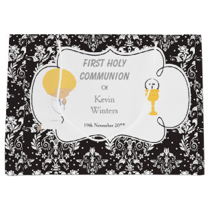 Grand Sac Cadeau Première Communion Blonde Boy Black Damask