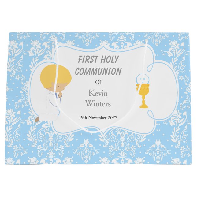 Grand Sac Cadeau Première Communion Blonde Boy Blue Damask (Devant)