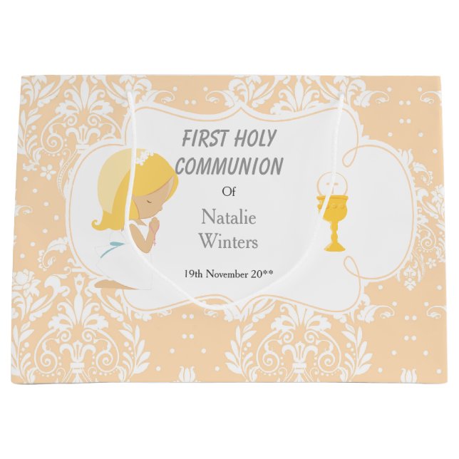 Grand Sac Cadeau Première Communion Blonde cheveux fille Merci (Devant)