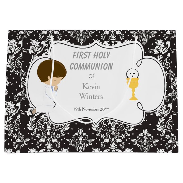 Grand Sac Cadeau Première Communion Brunette Garçon Noir Damask (Devant)