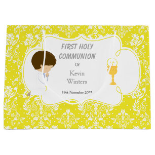 Grand Sac Cadeau Première communion garçon brun jaune damas
