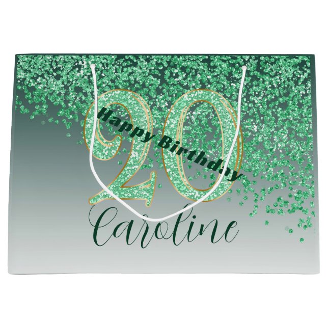Grand Sac Cadeau Pretty Falling Green Glitter 20th Birthday (Devant)