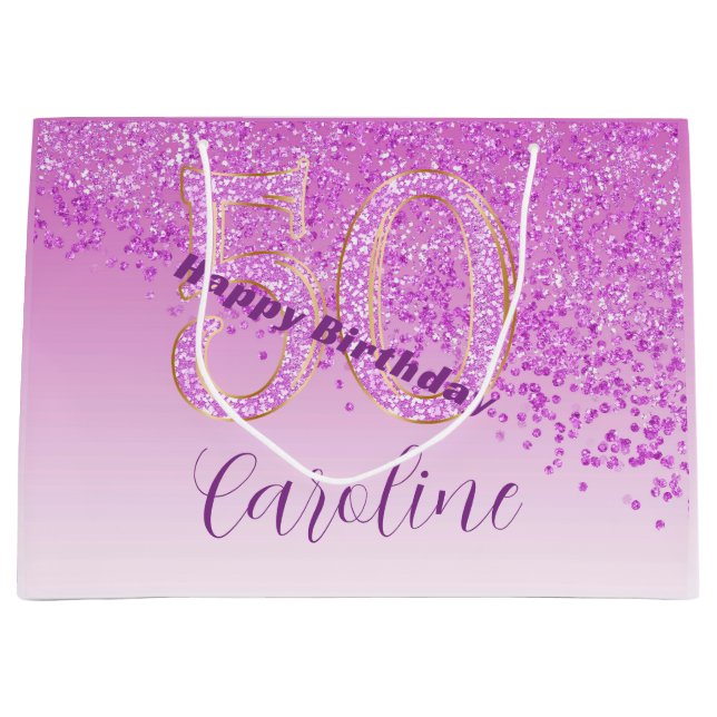Grand Sac Cadeau Pretty Falling Pink Glitter 50th Birthday (Devant)