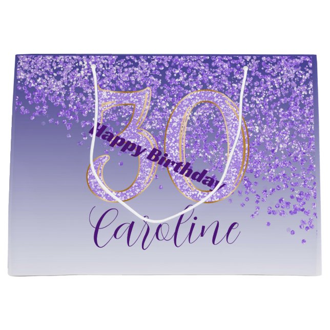 Grand Sac Cadeau Pretty Falling Purple Glitter 30th Birthday (Devant)