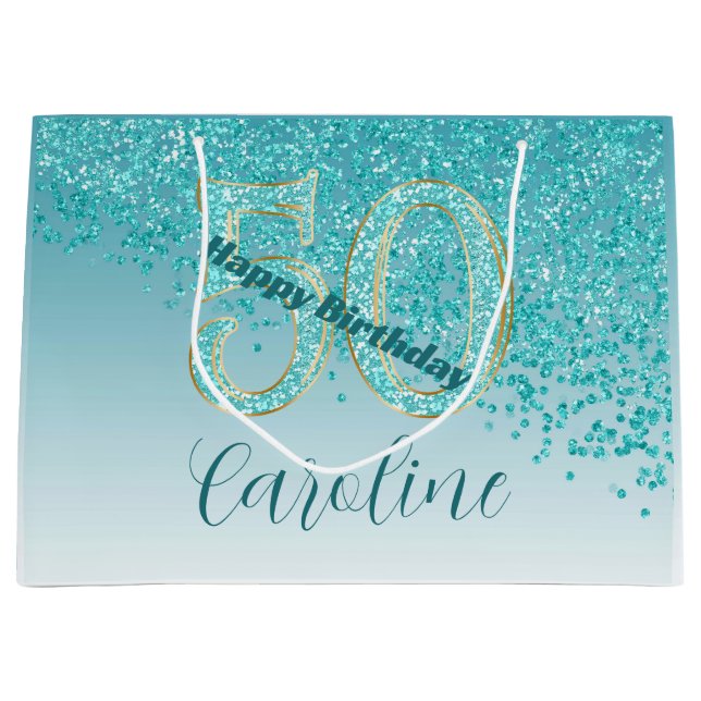 Grand Sac Cadeau Pretty Falling Teal Blue Glitter 50th Birthday (Devant)
