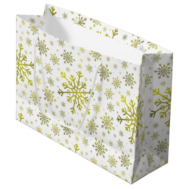 Grand Sac Cadeau Pretty Gold Noël Snowflakes sur Winter White (Devant Angle)