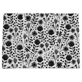 Grand Sac Cadeau Protea Floral Block Imprimer Millefleur noir blanc