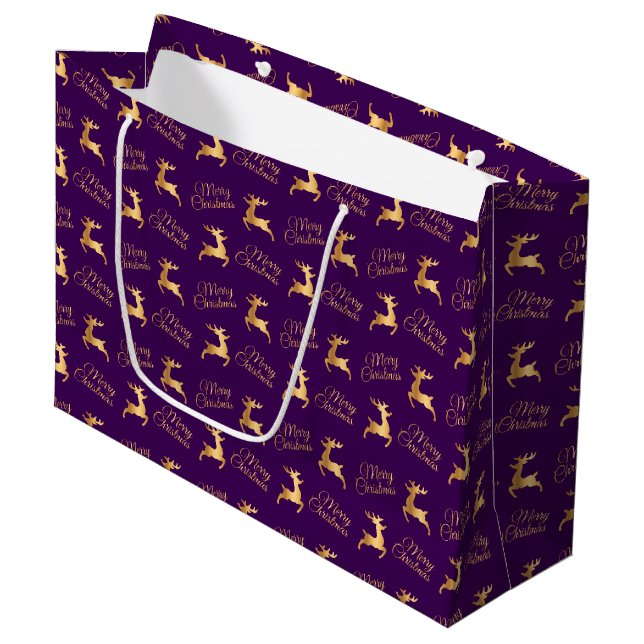 Grand Sac Cadeau Purple and Gold Christmas Reindeers (Devant Angle)