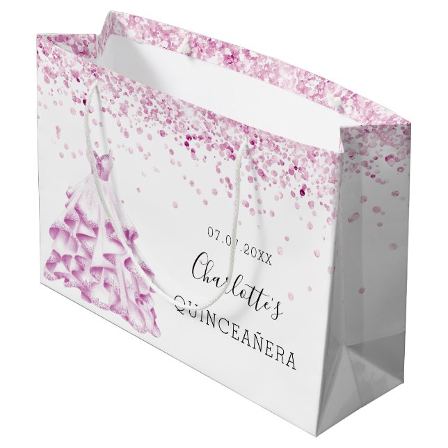 Grand Sac Cadeau Quinceanera blanc rose parties scintillant nom de  (Dos Angle)