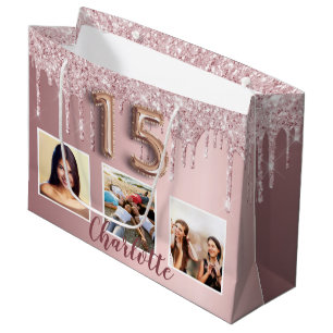 Grand Sac Cadeau Quinceanera parties scintillant rose goutte nom de