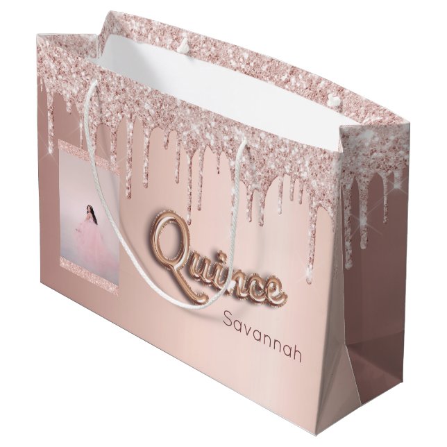 Grand Sac Cadeau Quinceanera rose or parties scintillant personnali (Dos Angle)