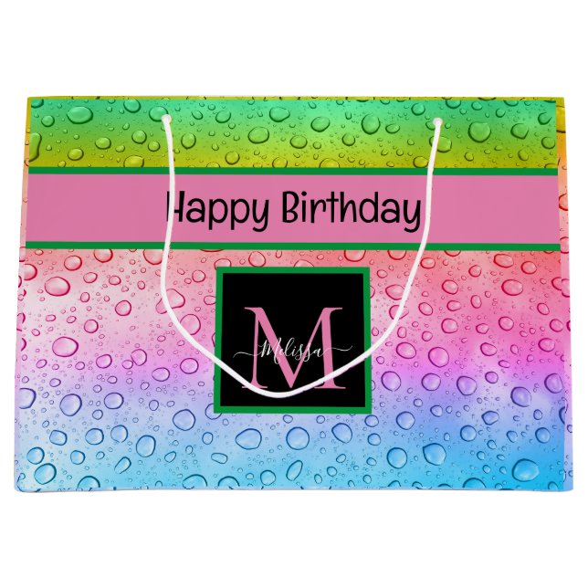 Grand Sac Cadeau Rainbow Raindrops Monogram Anniversaire (Devant)