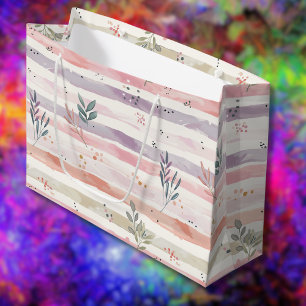 Grand Sac Cadeau Rayures de feuilles pastel à l'aquarelle vintage
