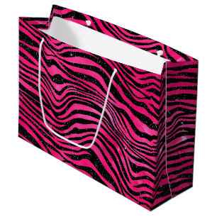 Grand Sac Cadeau Rayures de tigre élégantes rose vif et noir paille