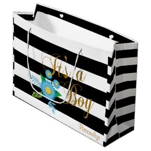 Grand Sac Cadeau Rayures noires et blanches élégantes avec floral