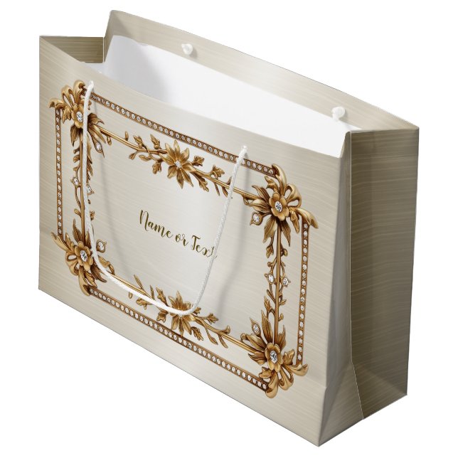 Grand Sac Cadeau Rectangle Orné de Diamants Fleurs Dorées Brillante (Devant Angle)