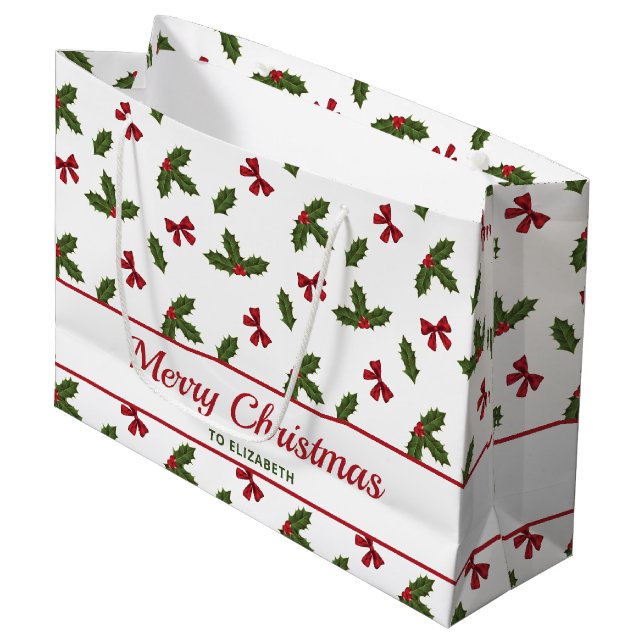 Grand Sac Cadeau Red Bows Et Noël Holly Plante Motif & Texte (Devant Angle)