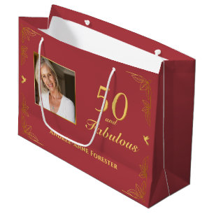 Grand Sac Cadeau Red Gold moderne 50 Fabuleux photo d'anniversaire