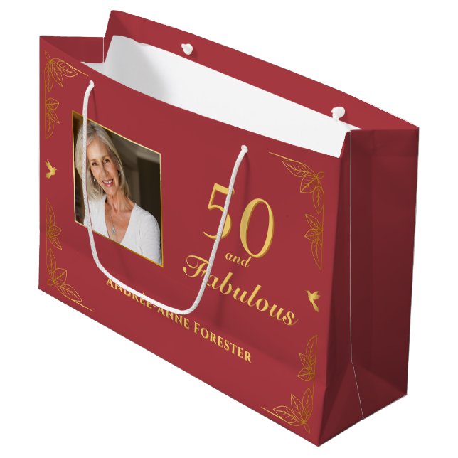 Grand Sac Cadeau Red Gold moderne 50 Fabuleux photo d'anniversaire (Devant Angle)