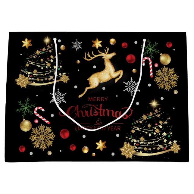 Grand Sac Cadeau Red Gold Reindeer Joyeux sapin de Noël (Devant)