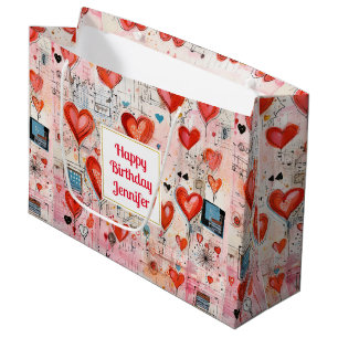 Grand Sac Cadeau Red Hearts Whimsical Love Motif Anniversaire