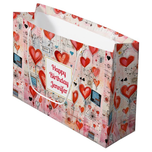 Grand Sac Cadeau Red Hearts Whimsical Love Motif Anniversaire (Devant Angle)