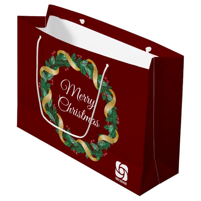 Grand Sac Cadeau Red Merry Christmas Wreath Custom Business Logo (Devant Angle)