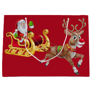 Grand Sac Cadeau Red Père Noël Reindeer sur la seligh Joyeux Noël