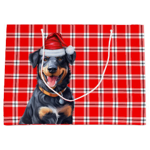 Grand Sac Cadeau Red Plaid Beauceron Amoureux des chiens Holiday