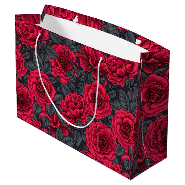 Grand Sac Cadeau Red roses with gray leaves on black (Dos Angle)