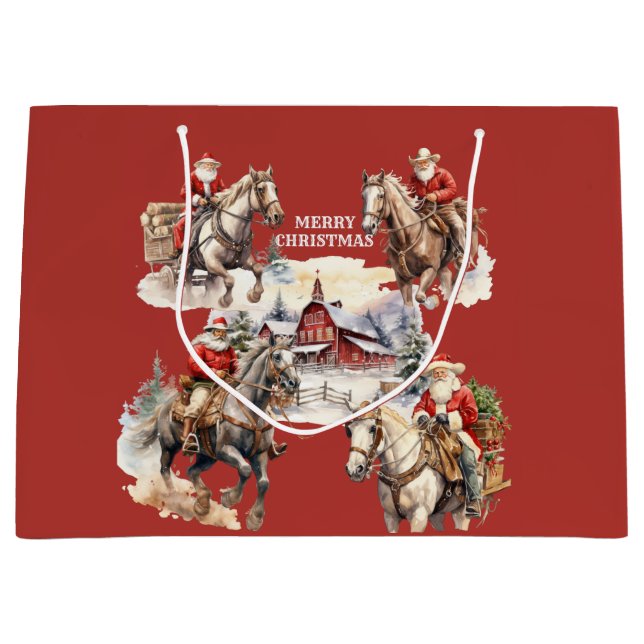 Grand Sac Cadeau Red Western Christmas Père Noël Sur Horseback Cade (Devant)