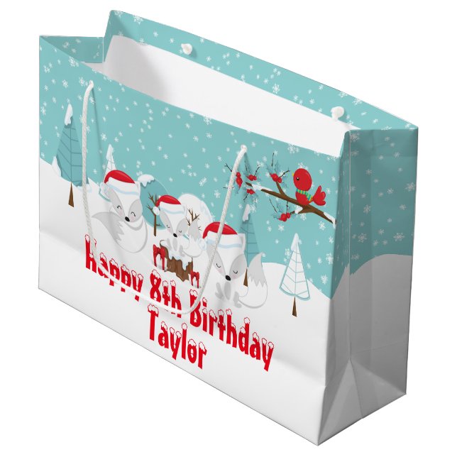 Grand Sac Cadeau Renards de l'Arctique Noël Bois Joyeux Anniversair (Devant Angle)