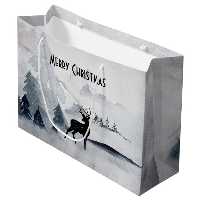 Grand Sac Cadeau Rennes dans l'Aquarelle gris sauvage Noël (Devant Angle)