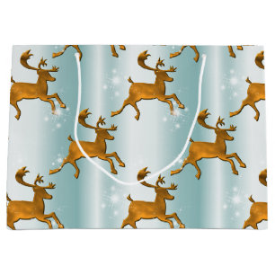Grand Sac Cadeau Rennes d'or sur Pale Aqua Christmas
