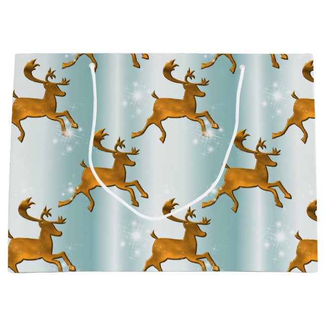 Grand Sac Cadeau Rennes d'or sur Pale Aqua Christmas (Devant)