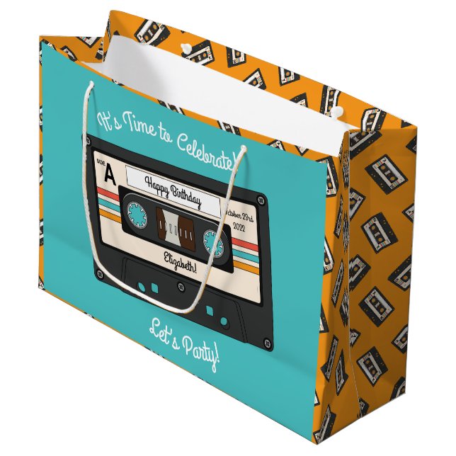 Grand Sac Cadeau Retro 80's 90's Cassette Musique Anniversaire (Devant Angle)