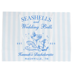 Grand Sac Cadeau Retro Blue Coquillages & Cloches de Mariage Enterr