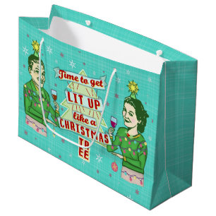 Grand Sac Cadeau Rétro Lit potable de couples d'humour de Noël