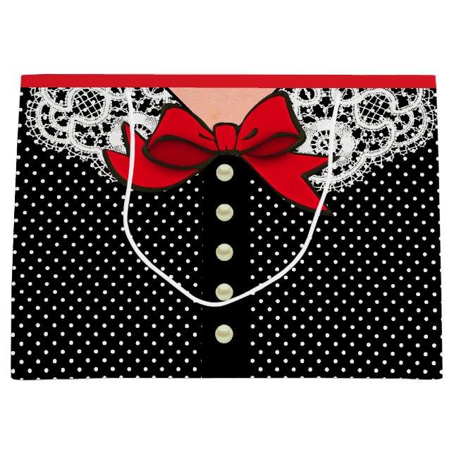 Grand Sac Cadeau Rétro Madame Fashion dans blanc et rouge noirs (Devant)