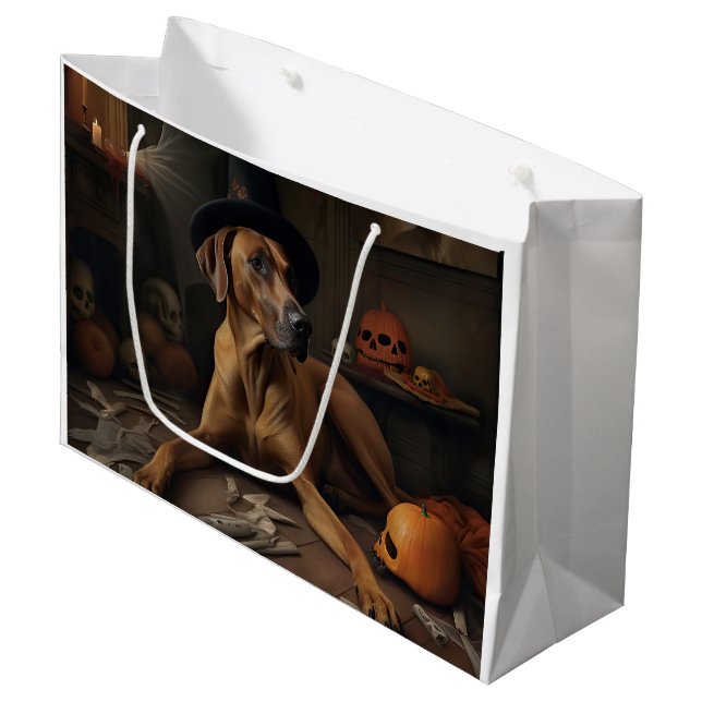 Grand Sac Cadeau Rhodesian Ridgeback Citrouilles Halloween effrayan (Devant Angle)