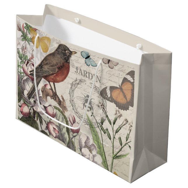 Grand Sac Cadeau Robin Elegant Bird Butterfly French Art (Devant Angle)