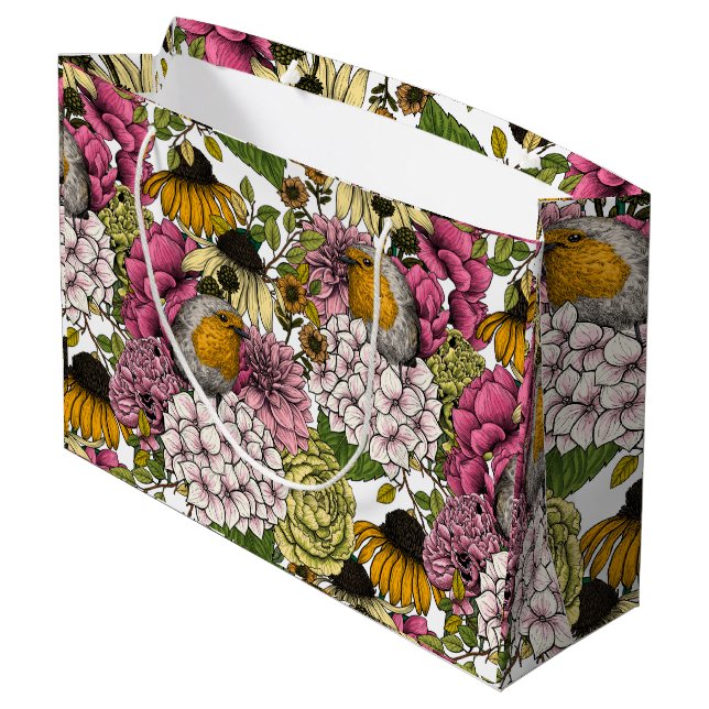 Grand Sac Cadeau Robins dans le jardin (Dos Angle)