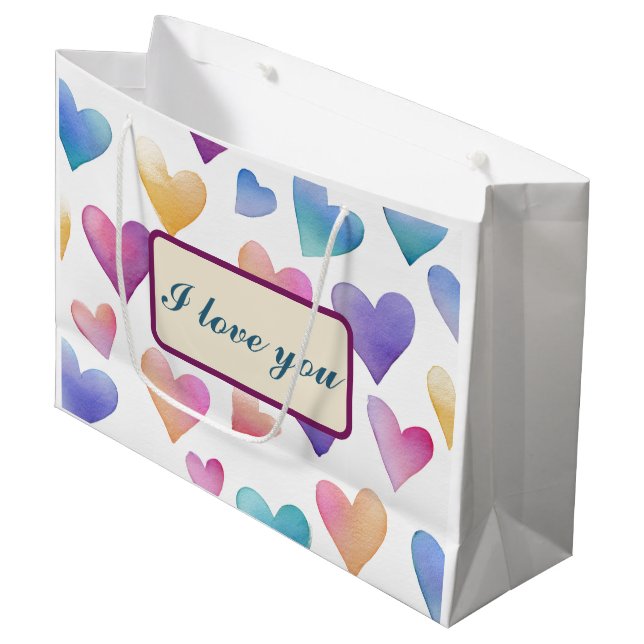 Grand Sac Cadeau Romantic Watercolor Pastel Hearts I Love You Bag (Devant Angle)