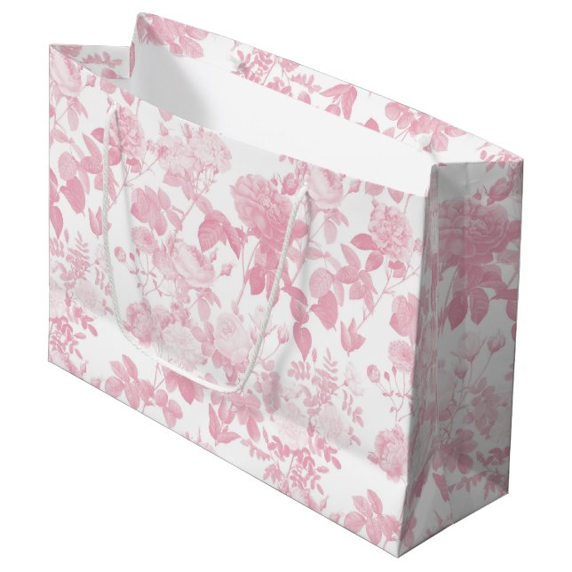 Grand Sac Cadeau Rose blanc rose Chinoiserie Motif (Devant Angle)