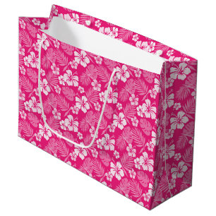 GRAND SAC CADEAU ROSE CHAUDE AVEC FLEURS HIBISQUES BLANCHES TROPICA