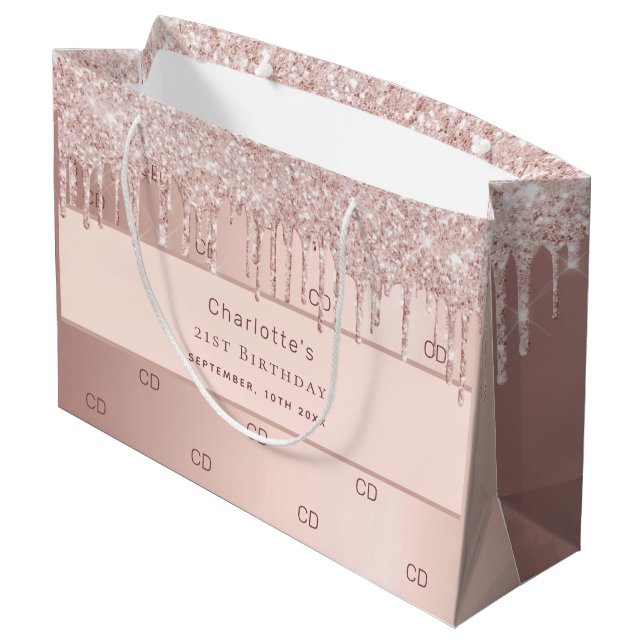 Grand Sac Cadeau Rose d'anniversaire gouttes d'or motif monogramme (Dos Angle)