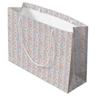 Grand Sac Cadeau Rose florale rayée bleu rose Grandmillennial