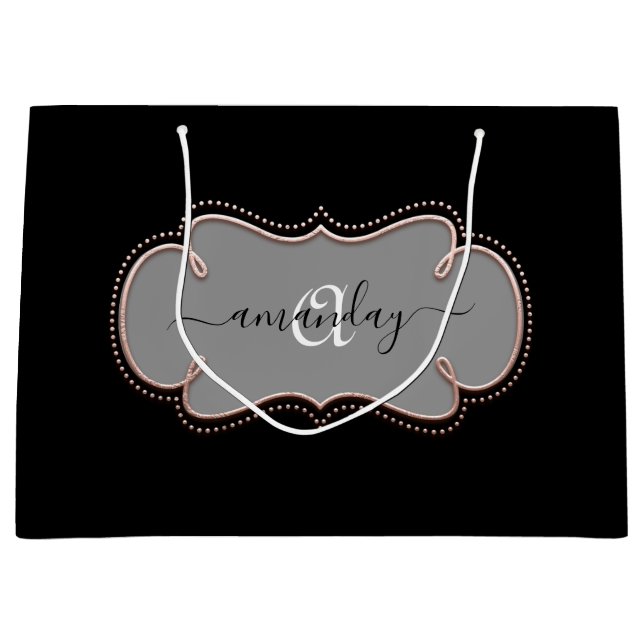 Grand Sac Cadeau Rose Gold encadré Royal Monogramme Nom Noir (Devant)